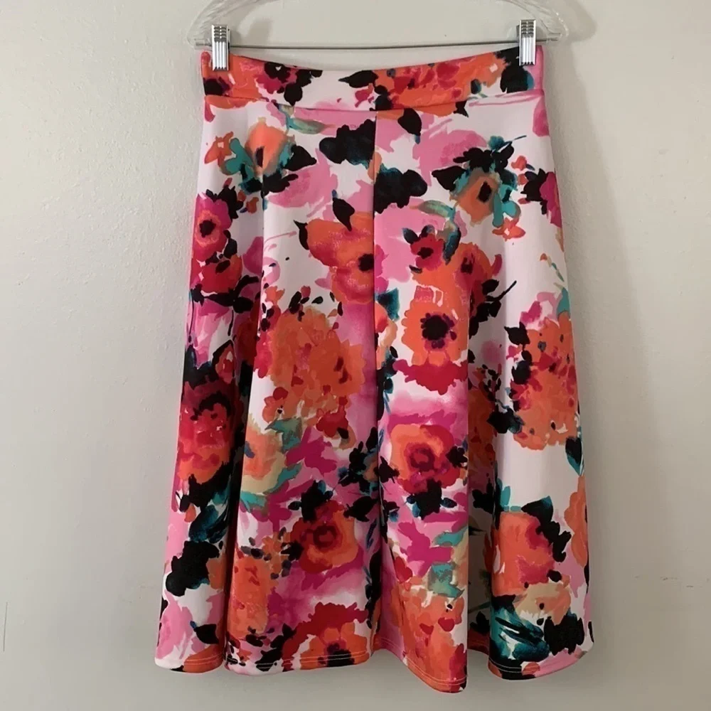 Silhouette NYC Bright Multi Color Knee Length Floral Print Circle Skirt Size L